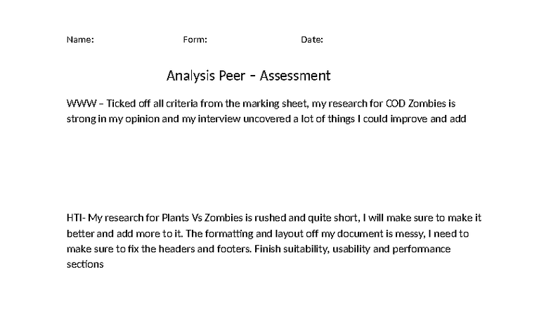 Analysis Self Assessment for COD & Plants Vs Zombies Projects - Studocu