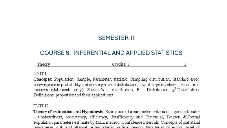 COURSE 6: INFERENTIAL AND APPLIED STATISTICS - SEM-3 Notes - Studocu