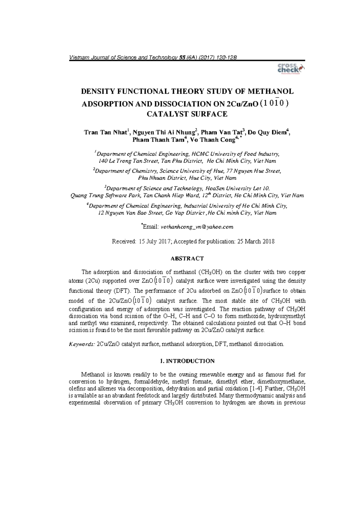 Density Functional Theory Study of Methanol Adsorption on ZnO (1010 ...