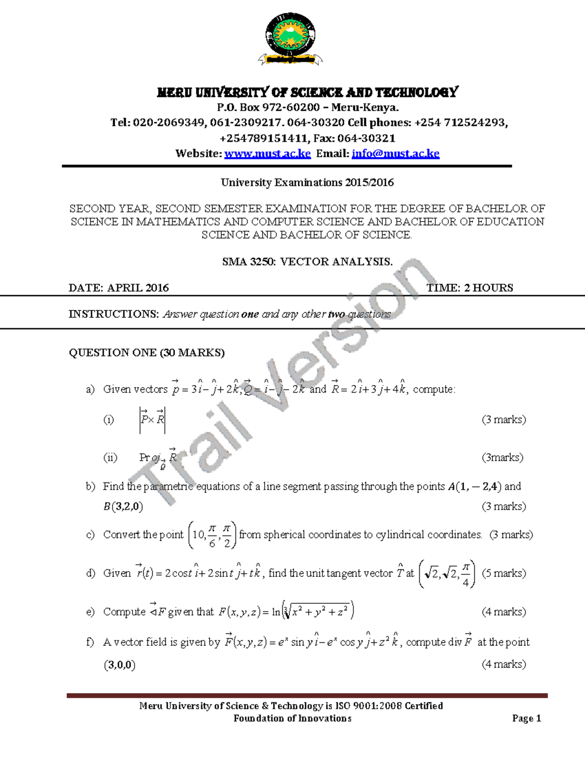 SMA 3250: Final Exam Study Notes on Vector Analysis - Studocu