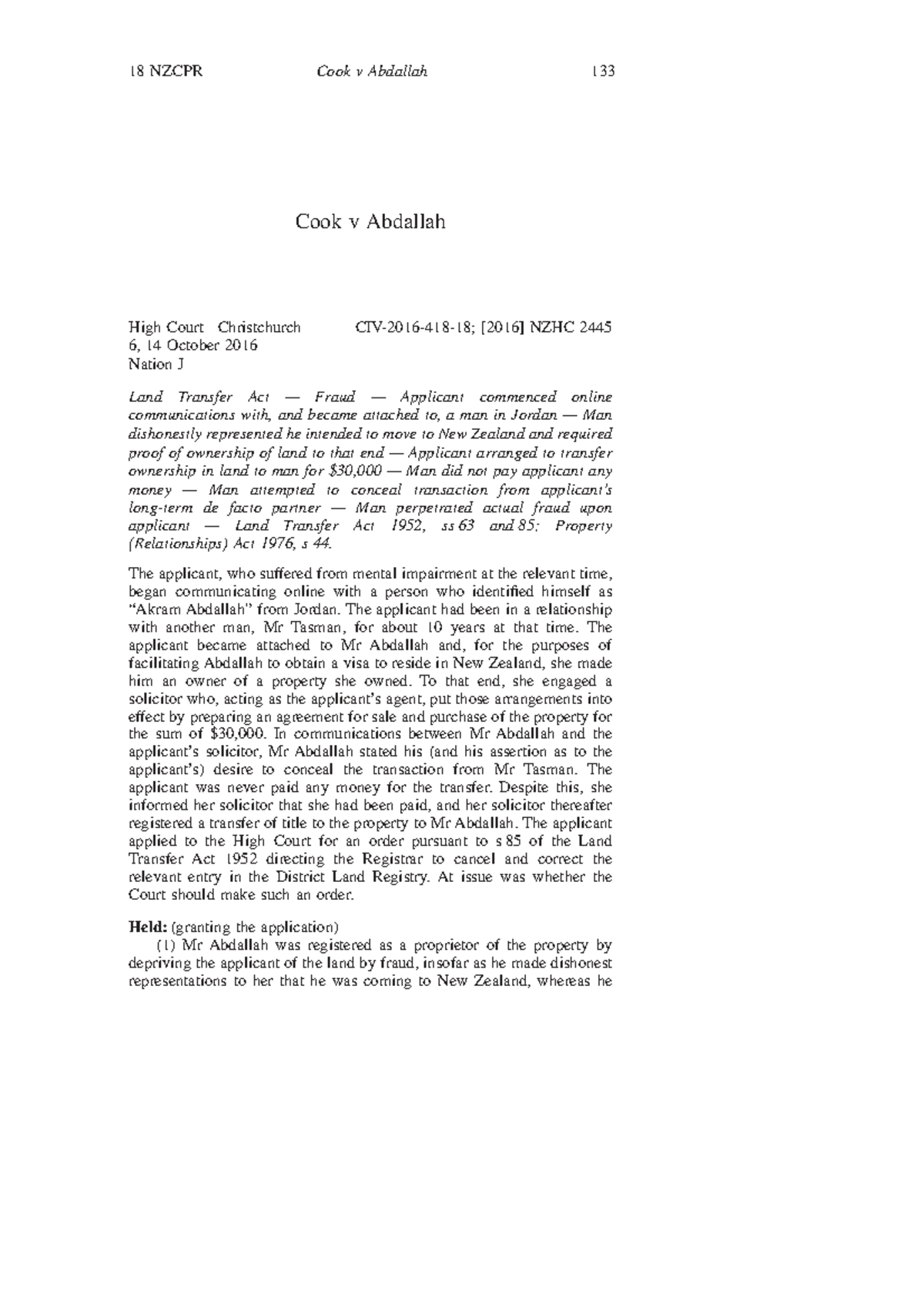 Cook v Abdallah: High Court Ruling on Land Transfer Fraud (18 NZCPR 133 ...