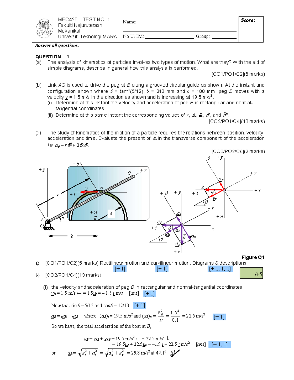 MEC420 Test 1 2017: Questions & Answers on Kinematics Analysis - Studocu