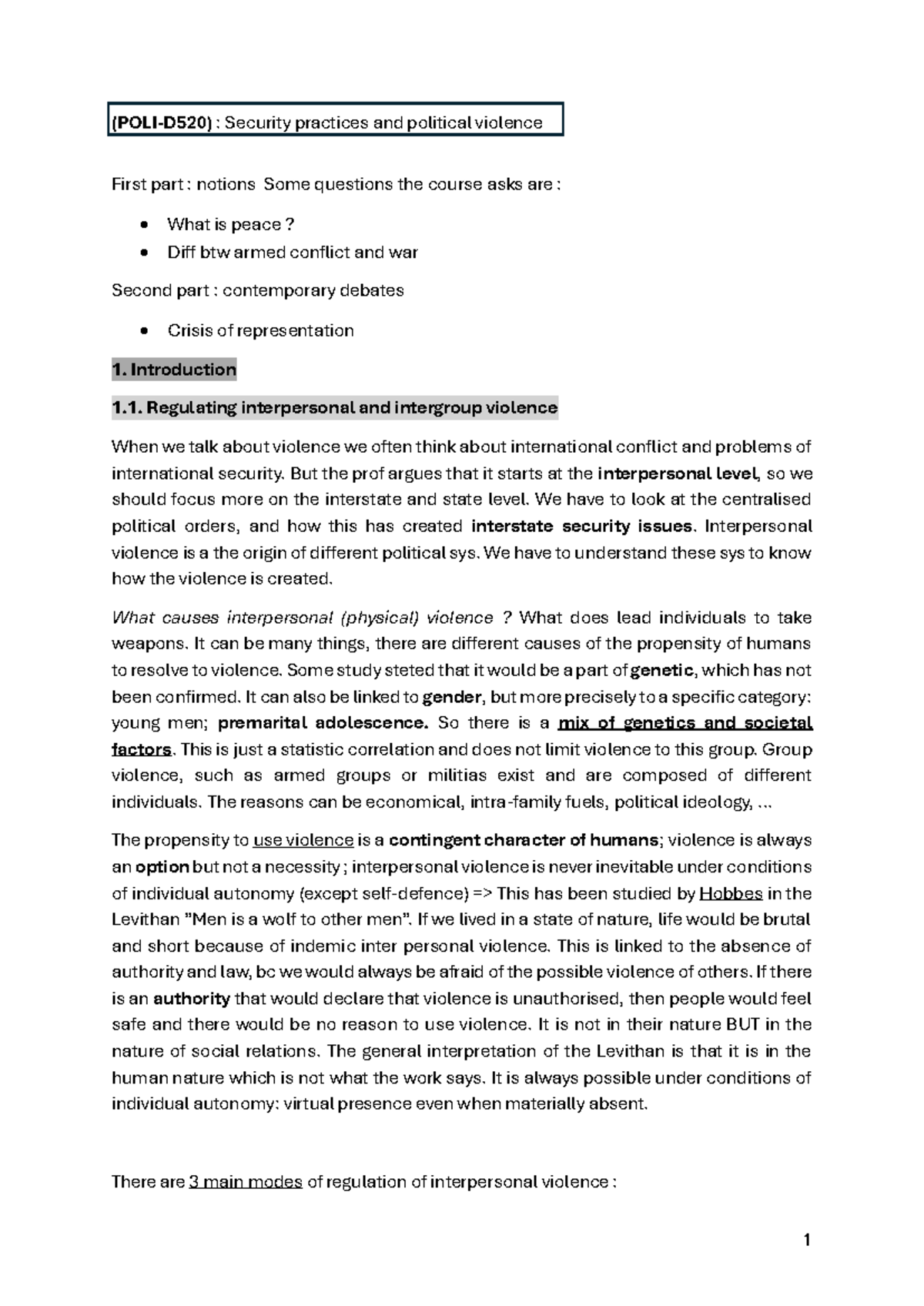 POLI-D520 SPPV - Security Practices and Political Violence: Course Notes - Document Preview