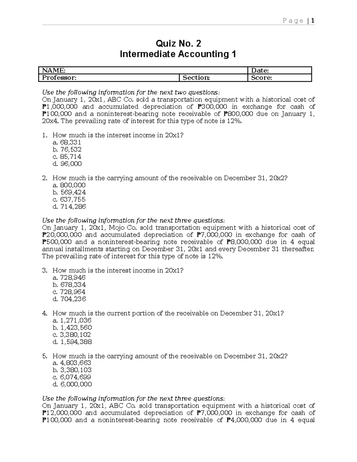 Int Acc 1 - Quiz No. 2: Key Topics and Practice Questions - Studocu