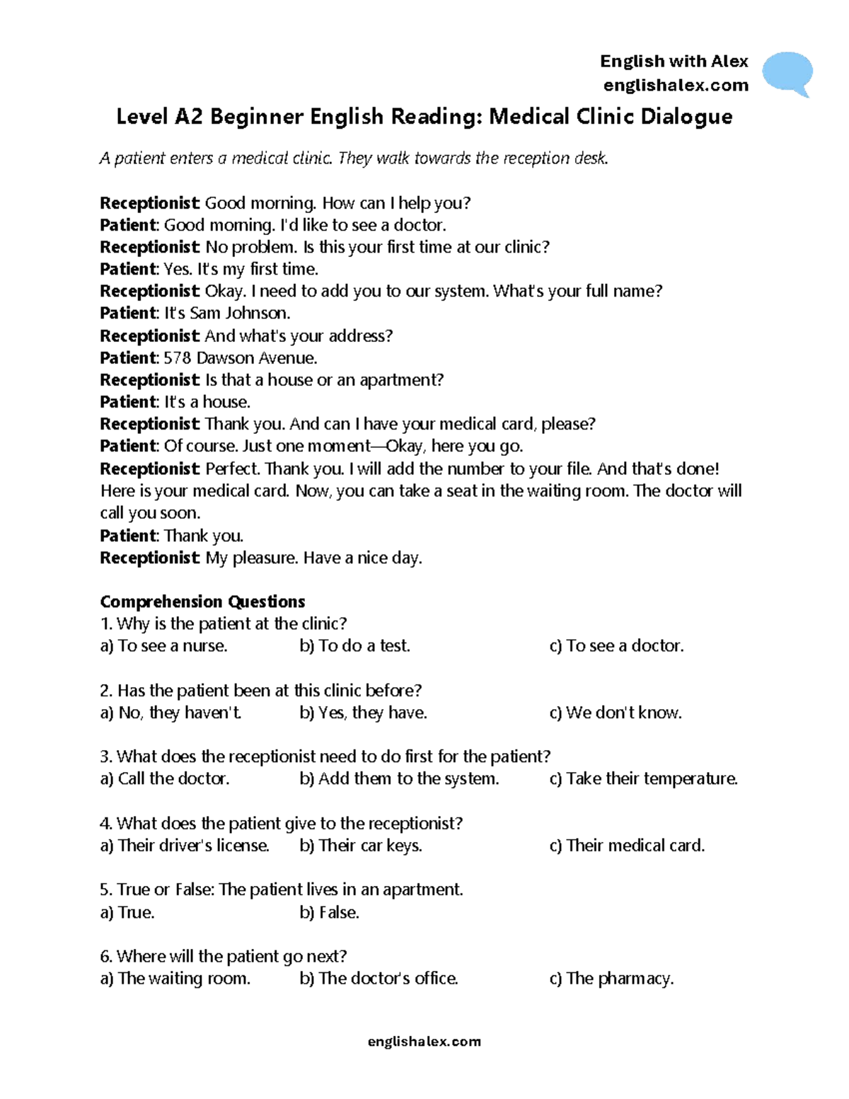 A2 Beginner English Reading: Medical Clinic Dialogue - Studocu
