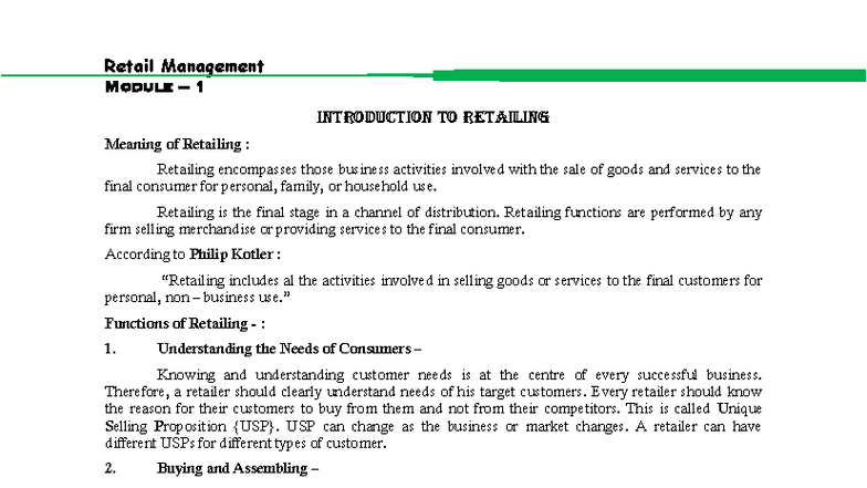 Retail Management RM101: Introduction to Retailing and Functions - Studocu