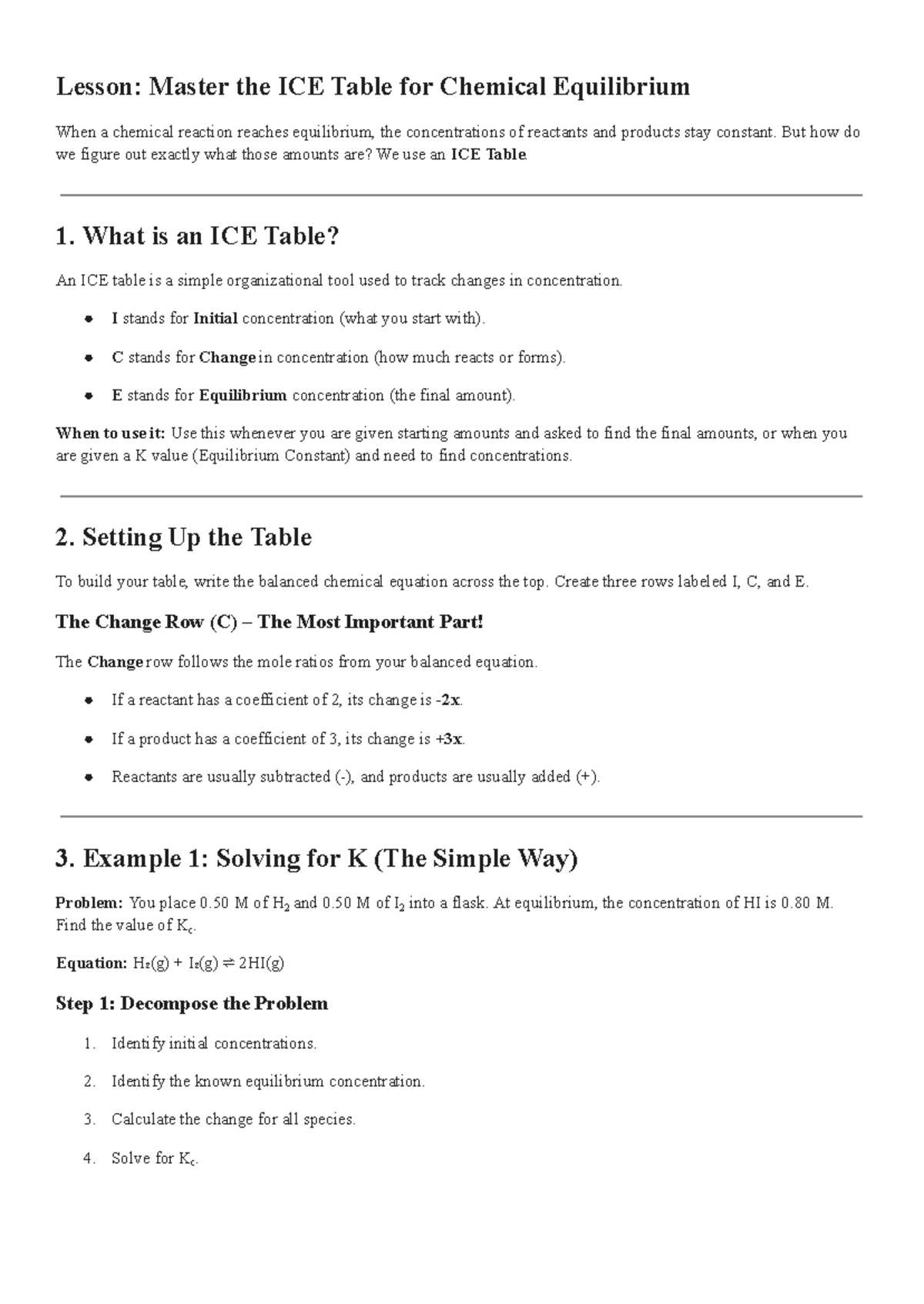 Lesson: Mastering ICE Tables for Chemical Equilibrium - Studocu