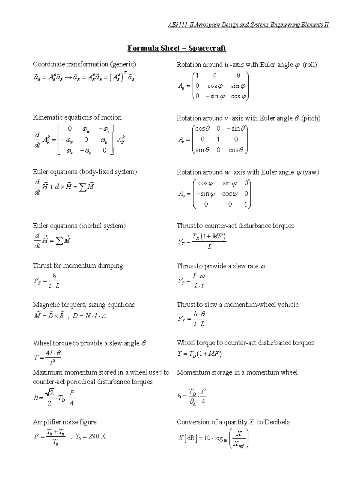 Aerospace Design & Systems Engineering II: Formula Sheet 241011 ...