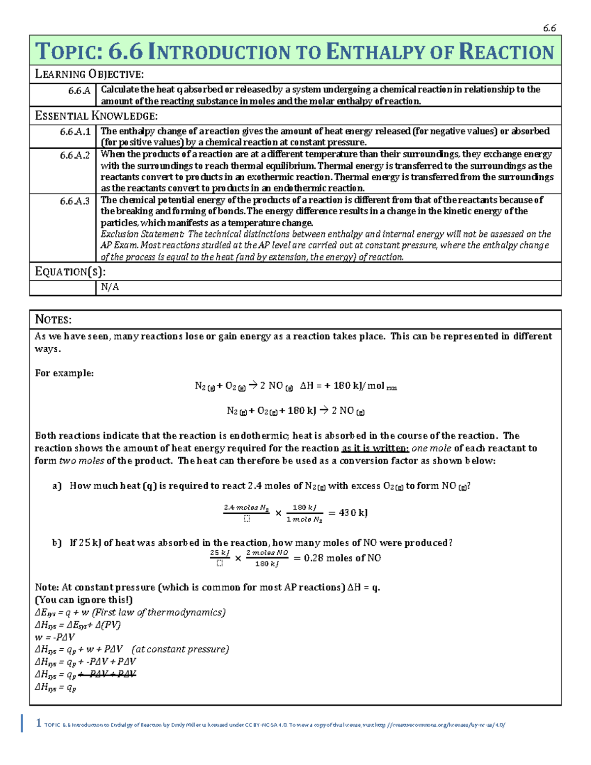 6.6 Lecture Notes on Enthalpy of Reaction Concepts and Calculations ...