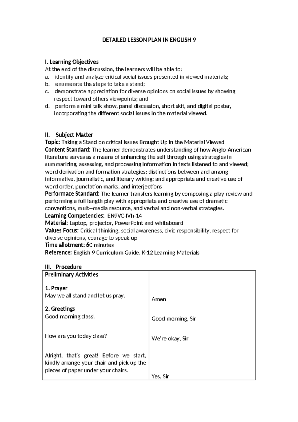 ENGLISH 9: DETAILED LESSON PLAN ON SOCIAL ISSUES - Studocu