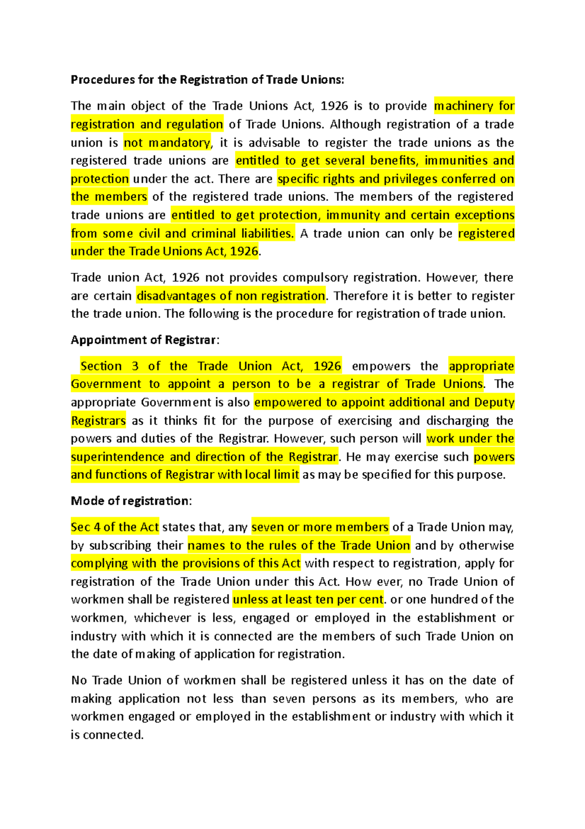 Trade Unions Act 1926: Registration Procedures Explained - Studocu
