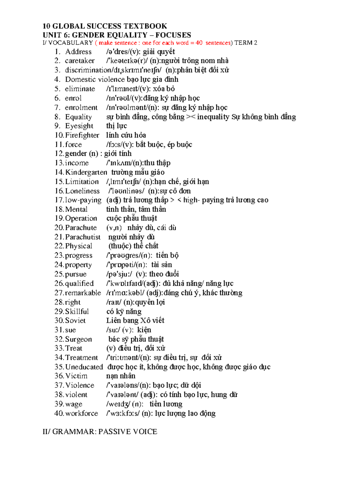 10 GLO UNIT 6 Gender Equality- Focuses - 10 GLOBAL SUCCESS TEXTBOOK ...