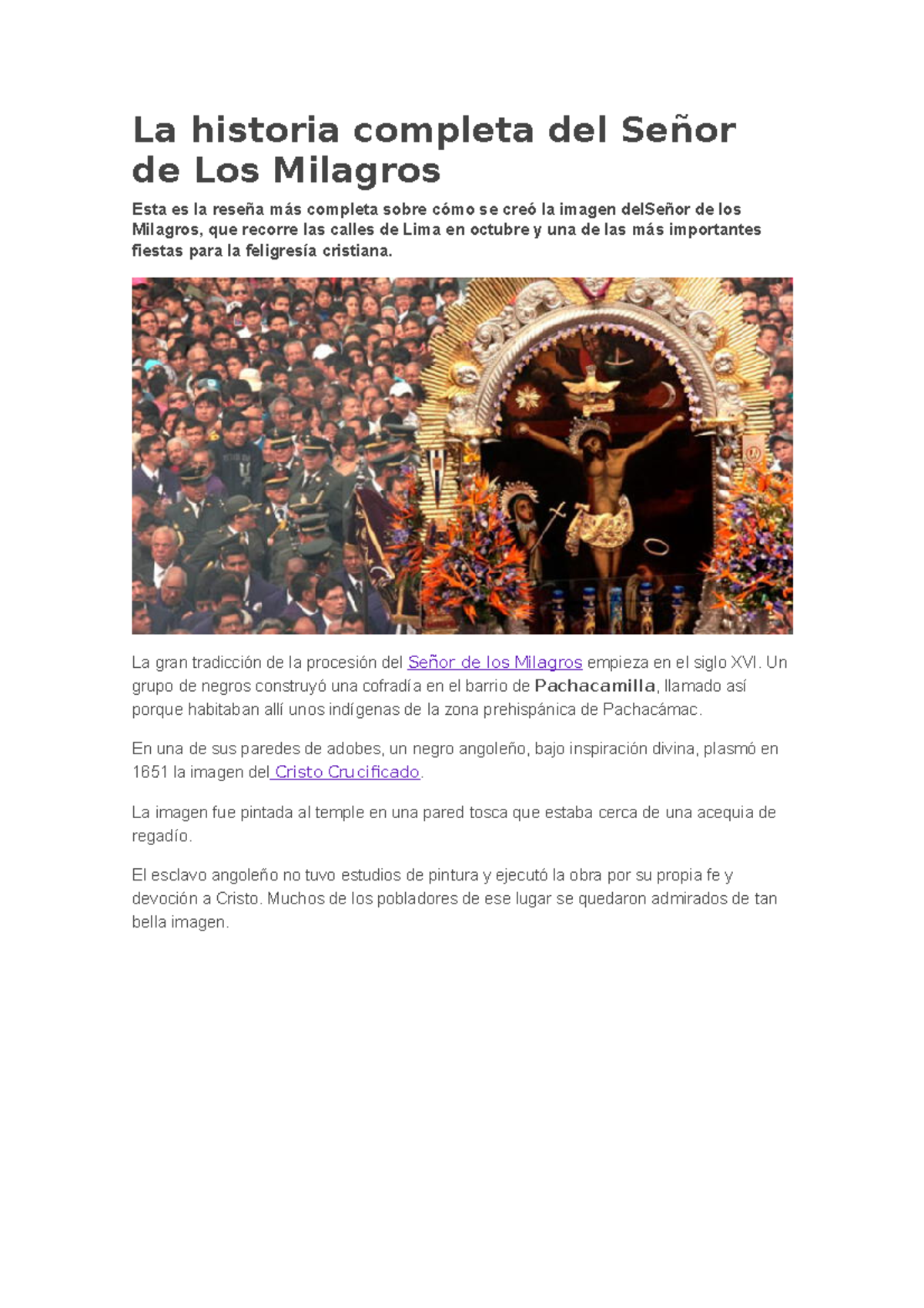 La historia completa del Señor de los Milagros: Tradición y Fe - Studocu