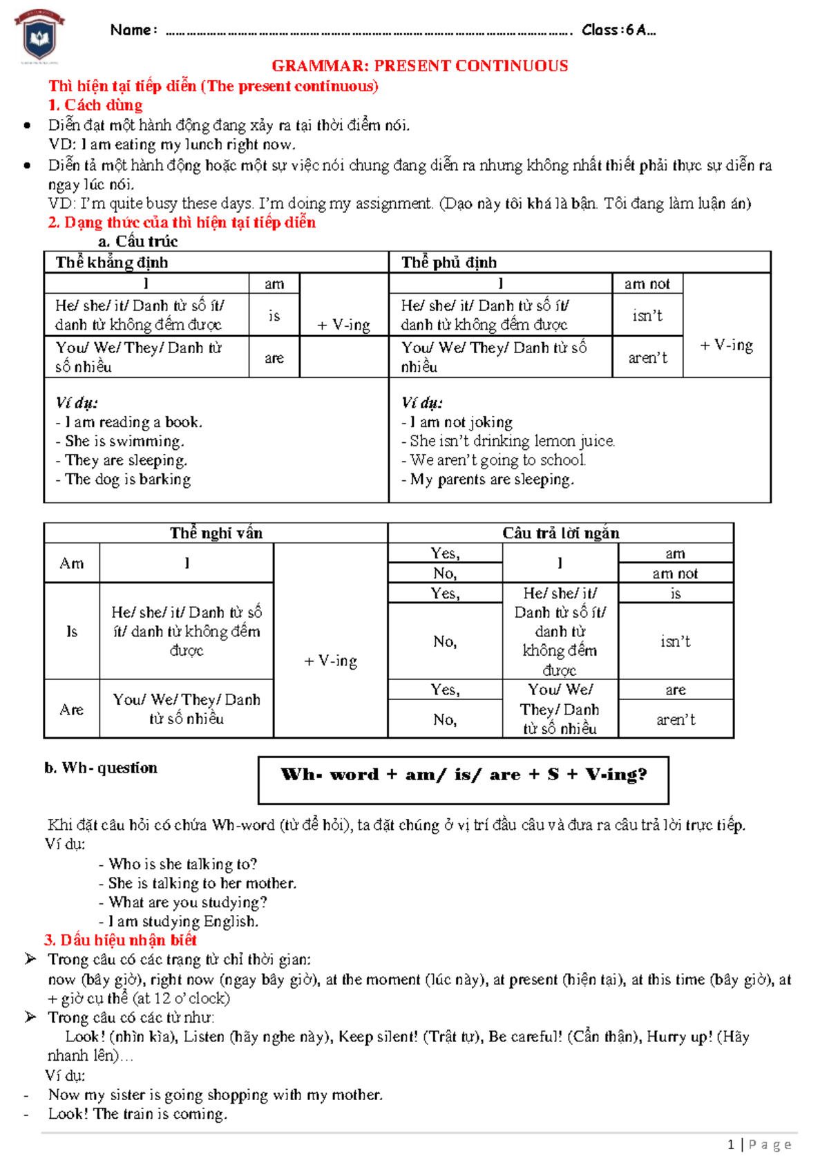 Present Continuous Grammar Notes - Grade 6 - Studocu