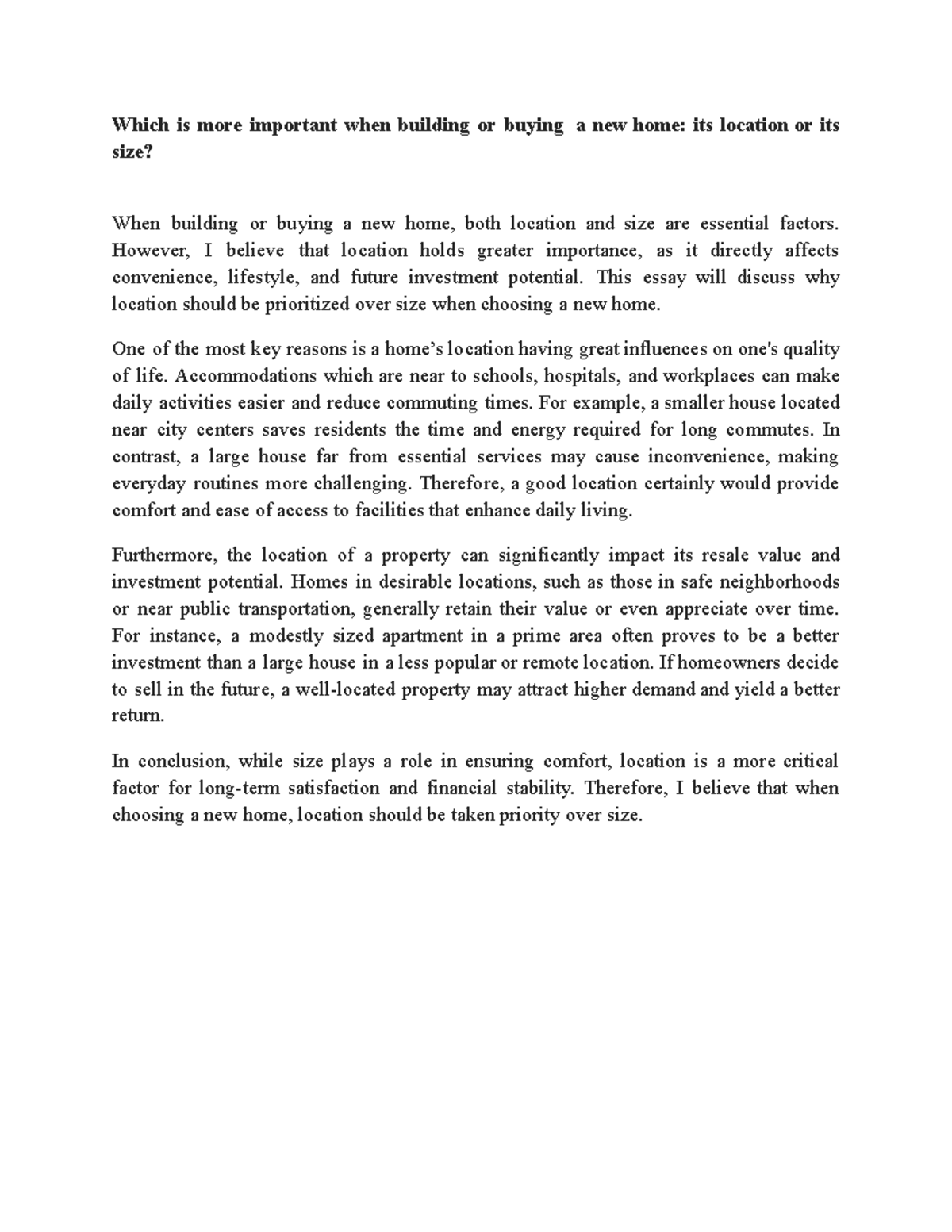 Prism 3 Unit 5 Final Essay: Importance of Location vs Size in Homes ...