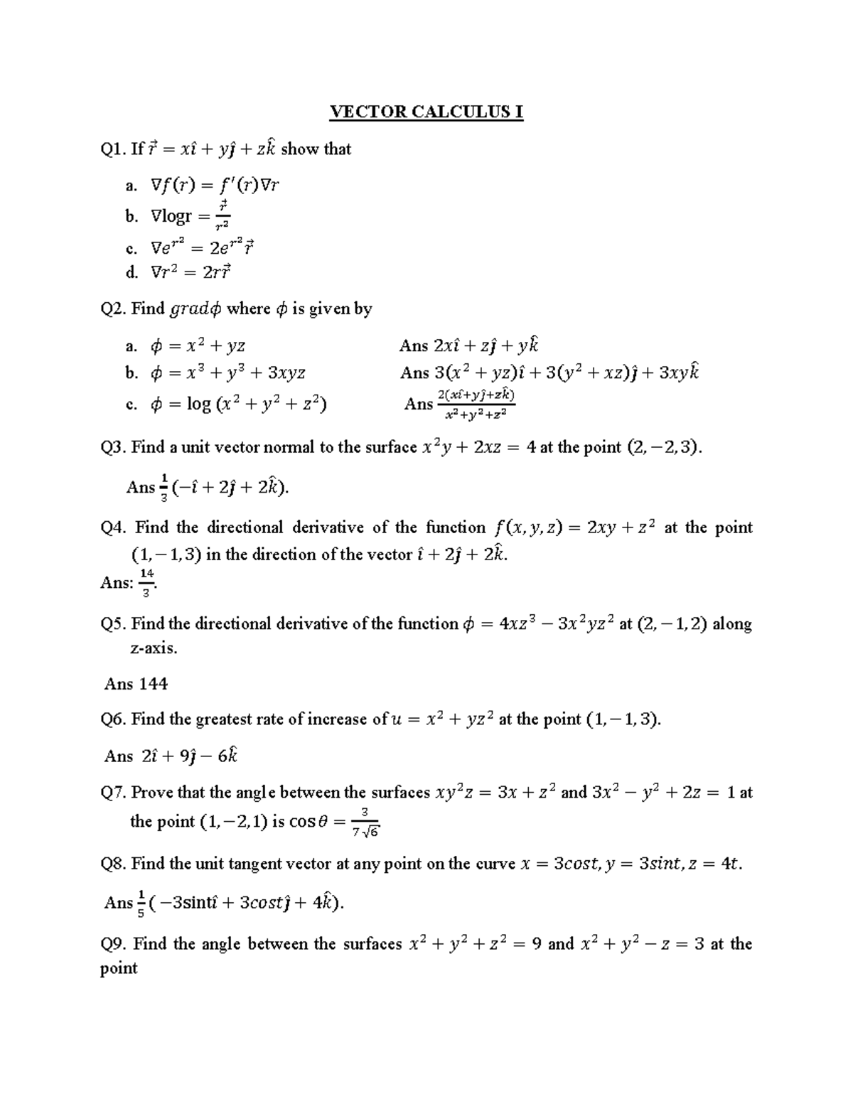 Vector Calculus I (VK) - MTH166 Study Notes and Solutions - Studocu