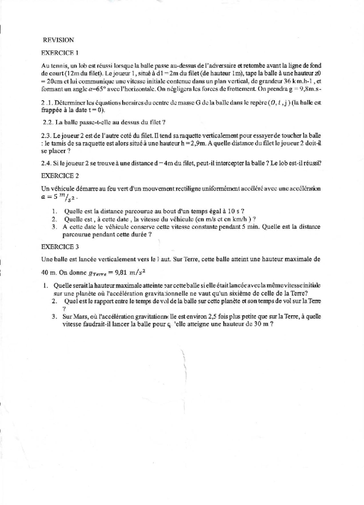 TD CHAP 4 PHY 144 - Exercice de Révision sur le Lob et Mouvement - Studocu