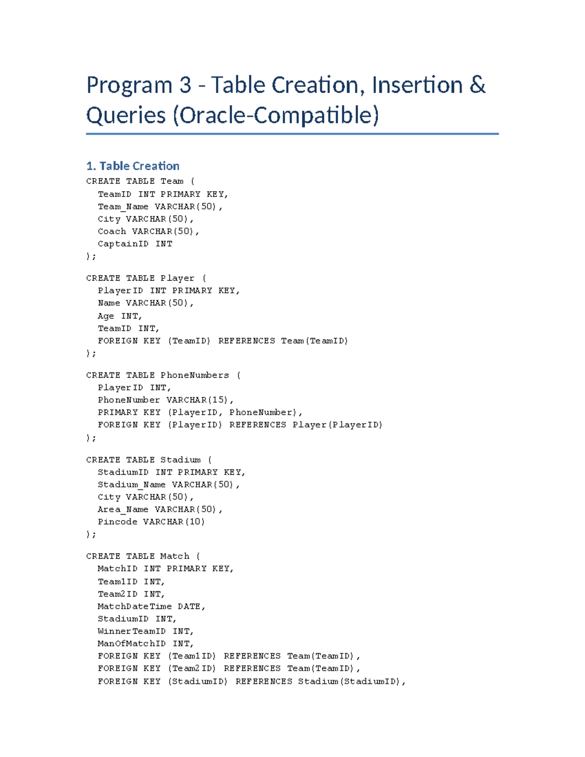 Program 3: SQL Table Creation & Insertion Queries - Studocu
