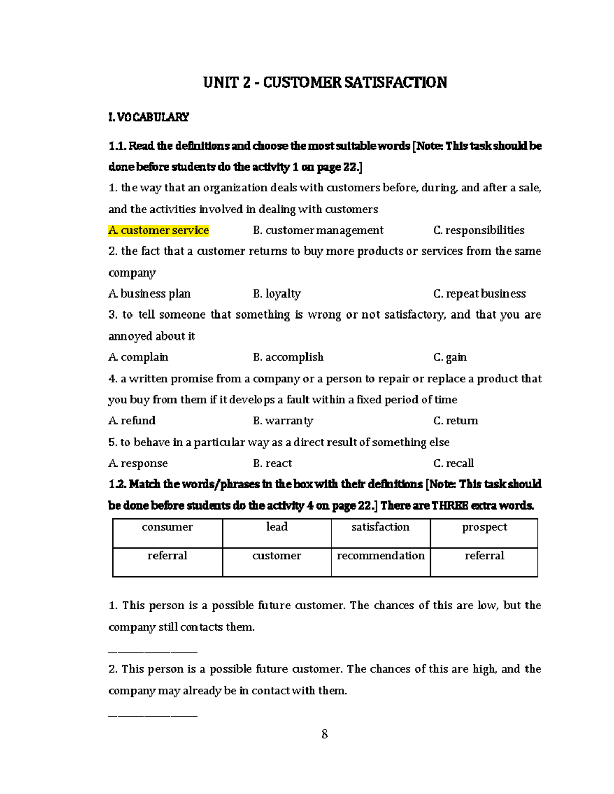 TLTK TACN1 - Unit 2 - Customer Satisfaction Vocabulary and Strategies ...