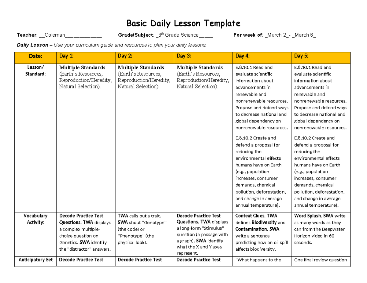 8th Grade Science Daily Lesson Plans: March 2-6 - Studocu