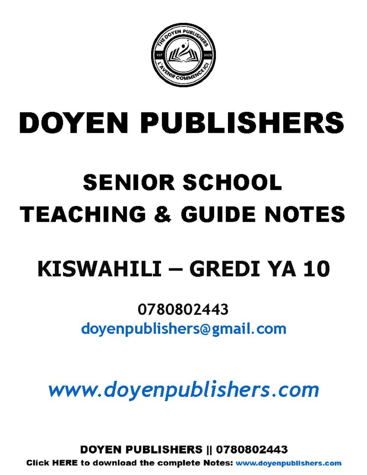 Grade 10 Kiswahili Teaching Guide Notes - Doyen Publishers - Studocu