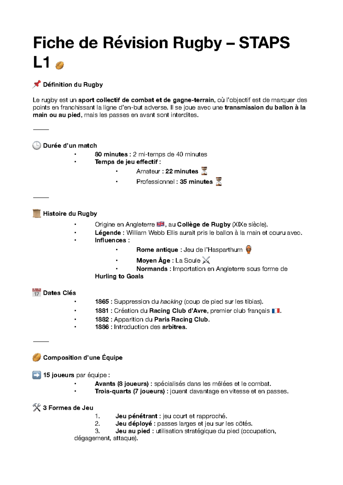 Fiche de Révision Rugby – Staps L1 🏉 - Fiche de Révision Rugby – STAPS ...