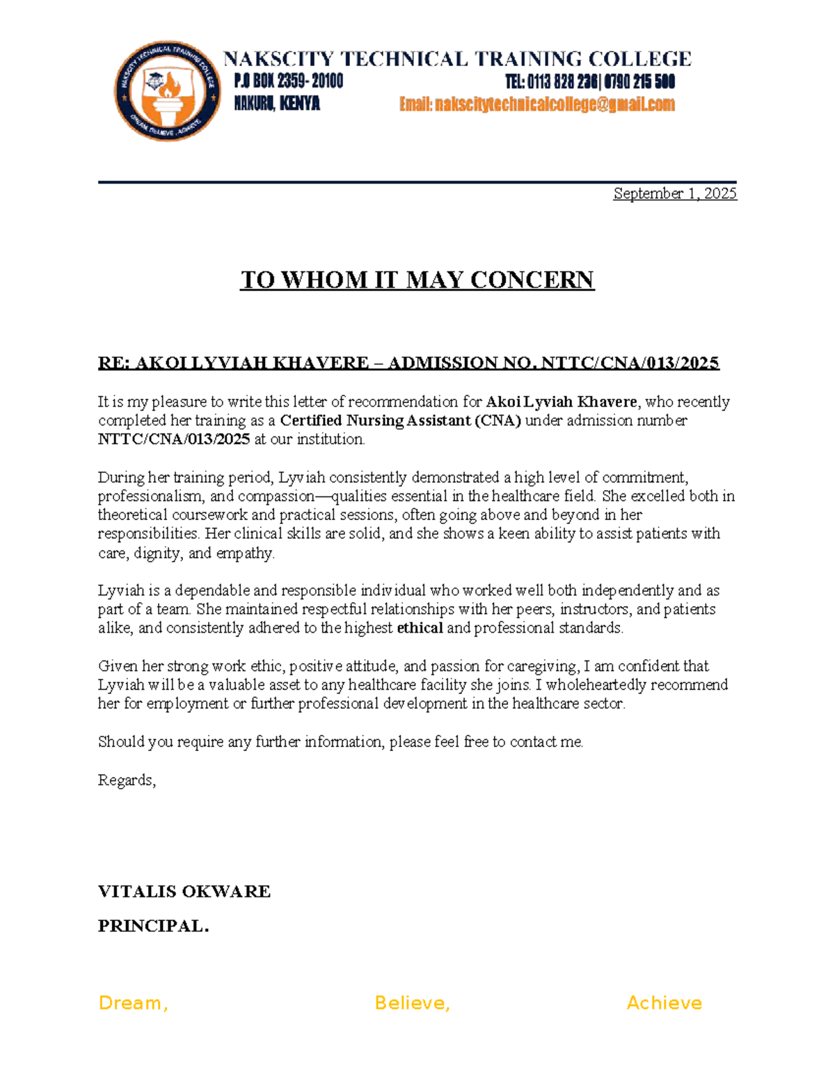 CNA Recommendation Letter for Akoi Lyviah Khavere - Studocu