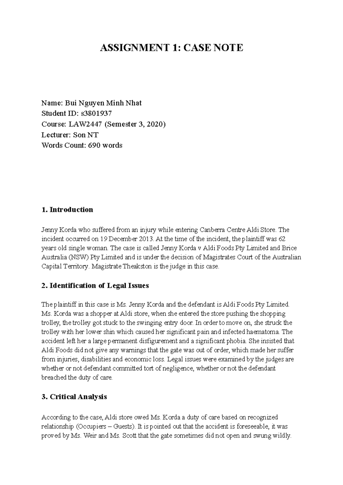 Bui Nguyen Minh Nhat s3801937 Assignment 1Case Note - ASSIGNMENT 1 ...