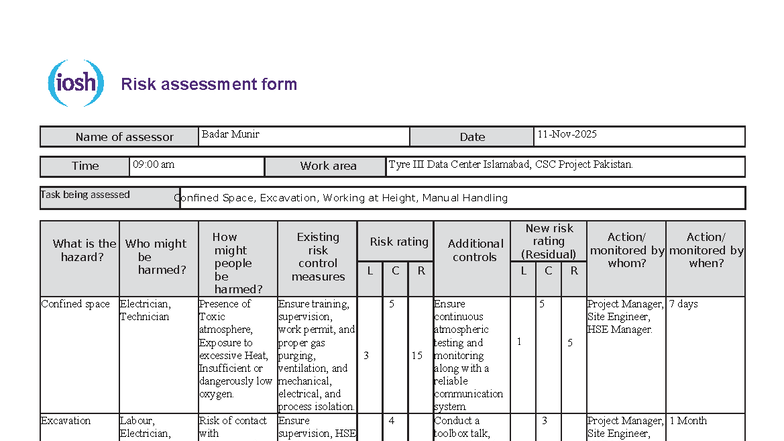 RISK Assessment Form - Tyre III Data Center, Islamabad - Studocu