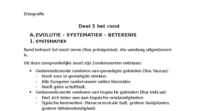 Etnografie Deel 3: Het Rund - Evolutie en Systematiek - Studocu