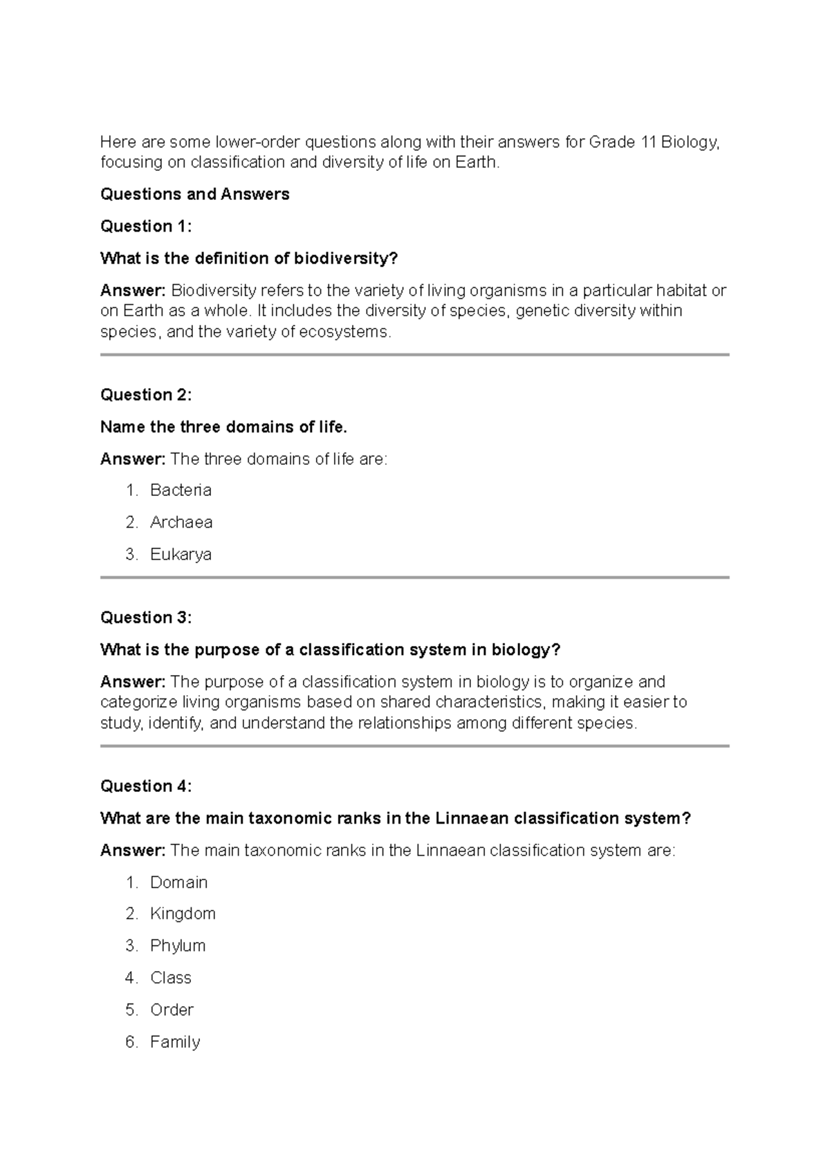 Grade 11 Biology: Q&A on Classification, Diversity & Life History - Studocu