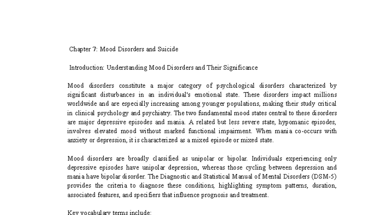 Chapter 7: Understanding Mood Disorders and Suicide Risks - Studocu