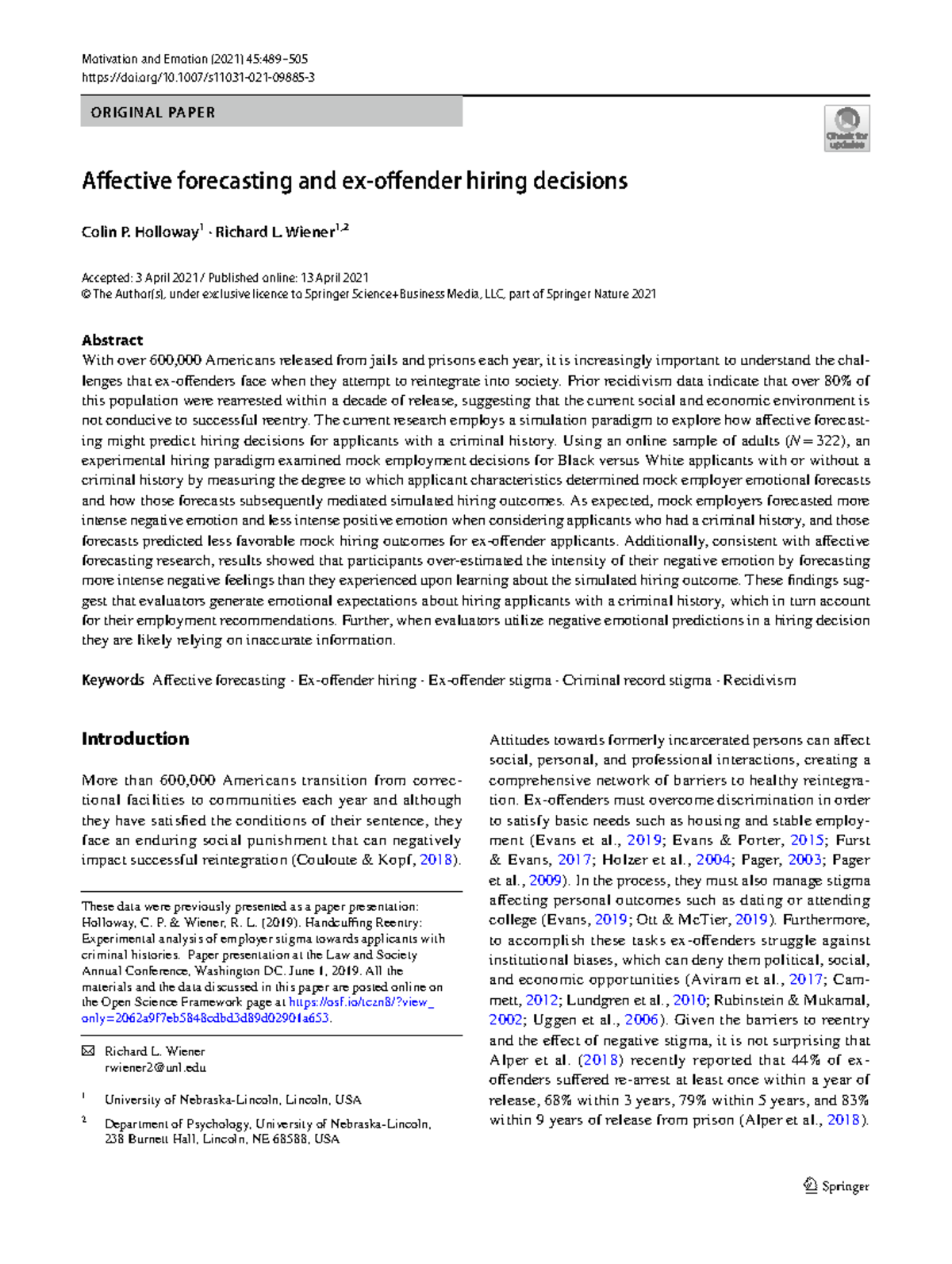 Affective Forecasting and Hiring Decisions: Insights from Criminal ...