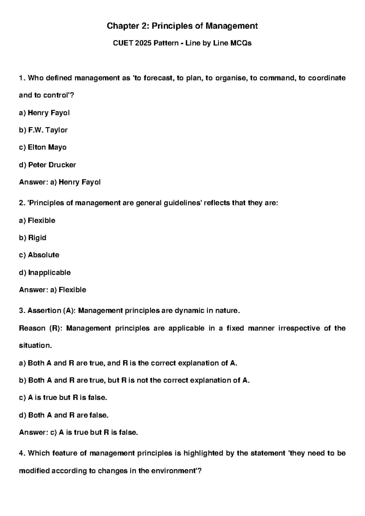 Chapter 2: Principles of Management CUET 2025 MCQs - Studocu