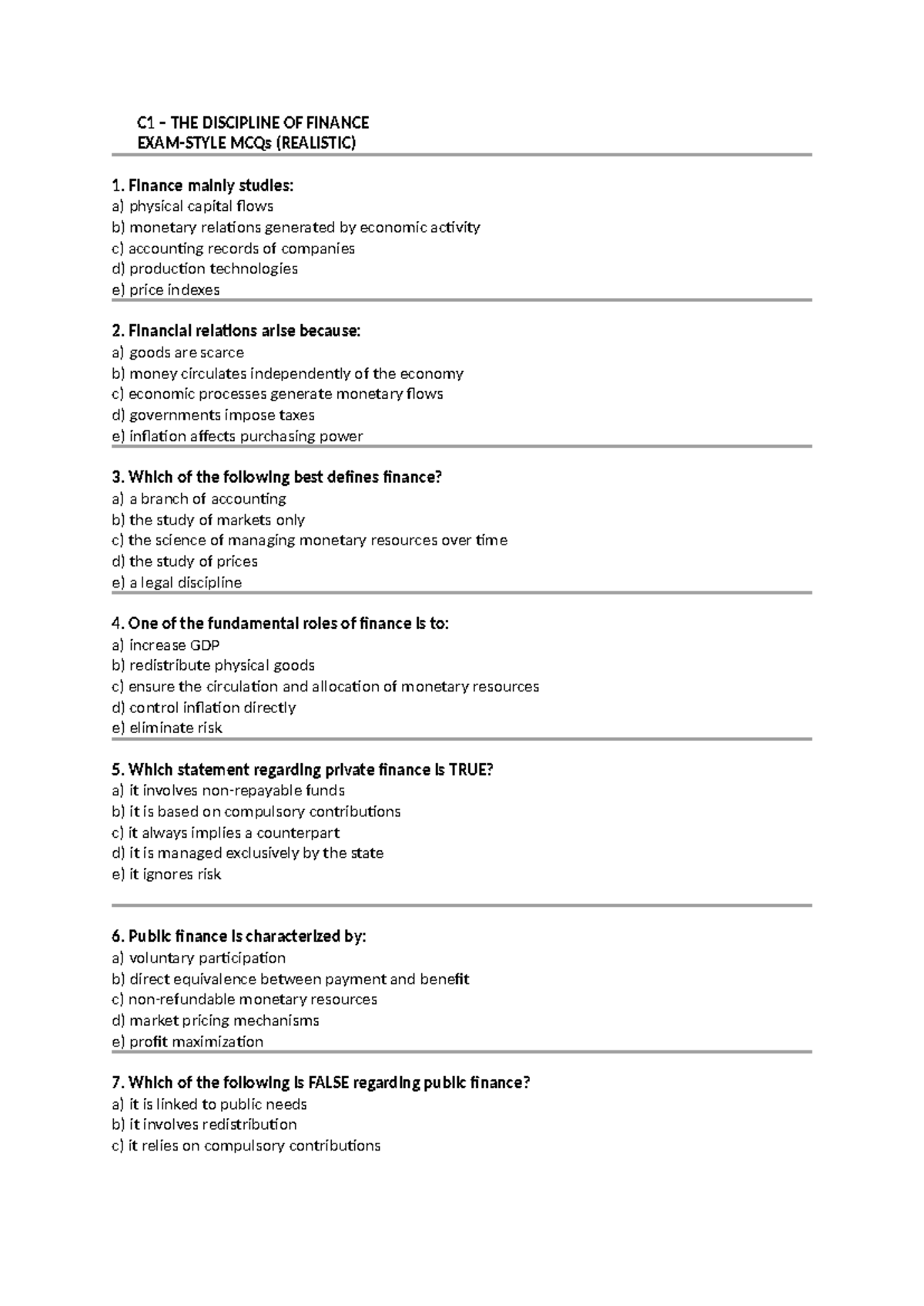 C1 FINANCE MCQs (REALISTIC) - Comprehensive Study Guide - Studocu