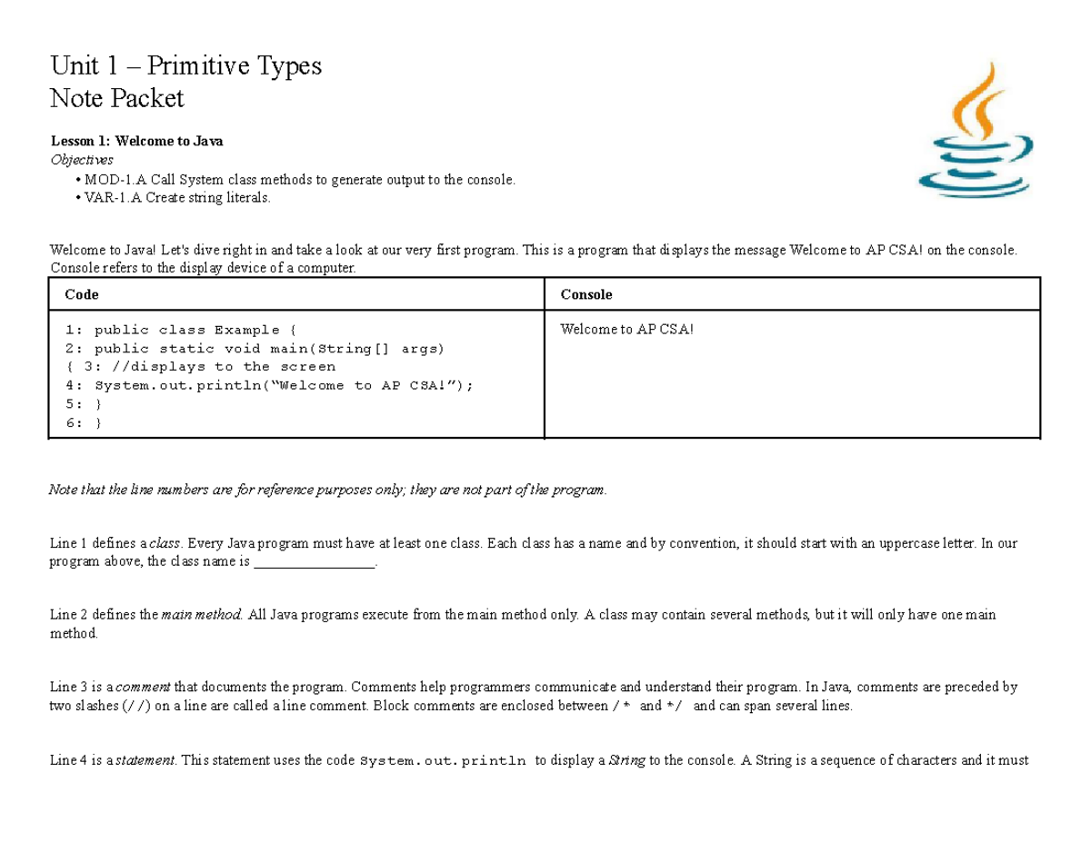 Unit 1 Note Packet - Java Primitive Types & Basic Concepts - Studocu