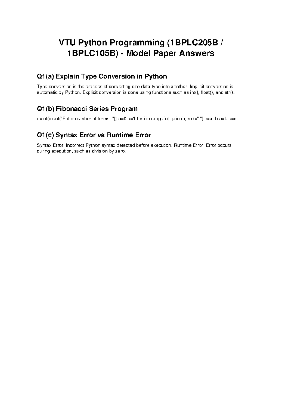 VTU Python Model Paper Answers - VTU Python Programming (1BPLC205B ...