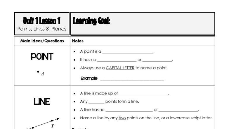 Points Lines and Planes ws - Unit 1 Lesson 1 Points, Lines & Planes ...