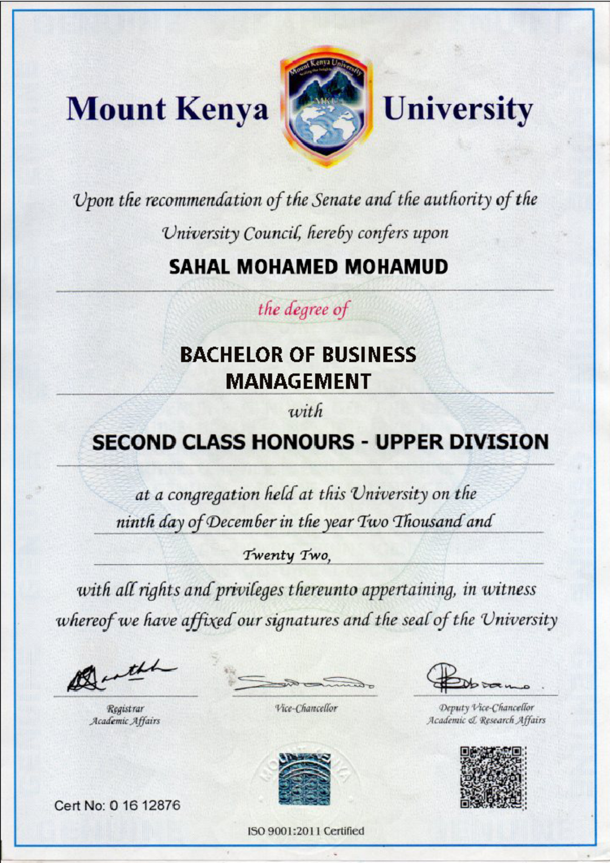 MKU - Certificate of Bachelor of Business Management for Sahal Mohamed ...