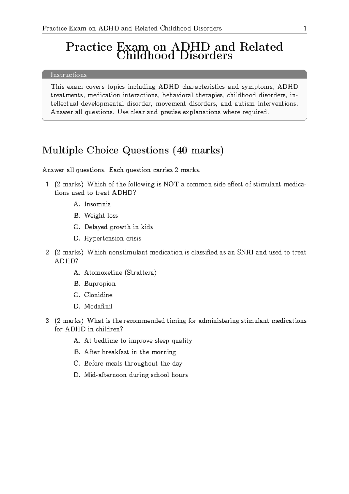 Practice Exam on ADHD & Childhood Disorders - MH 222 Week 5 - Studocu
