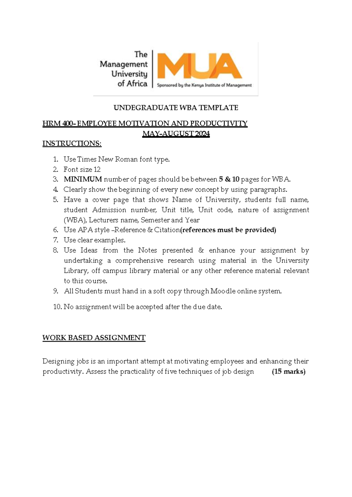 HRM 414- Employee Motivation AND Productivity - UNDEGRADUATE WBA ...