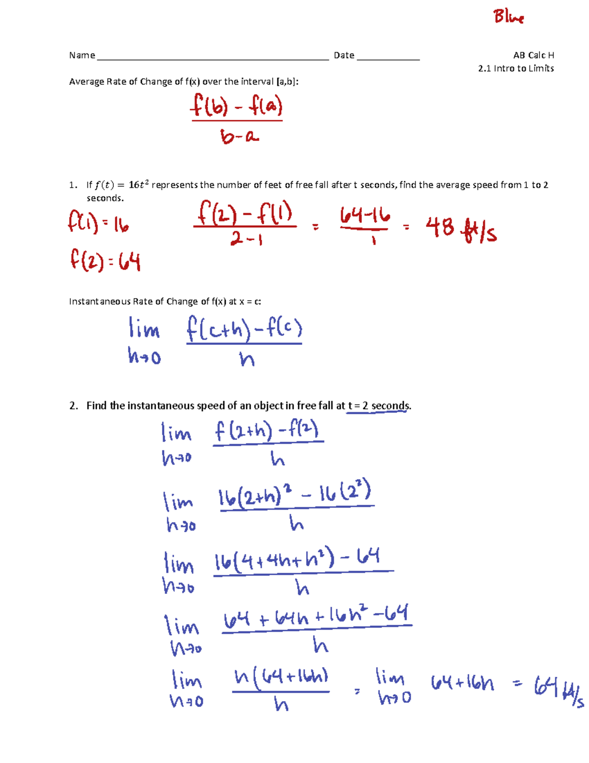 Calculus AB Final Exam Review: Limits & Average Rates of Change - Studocu