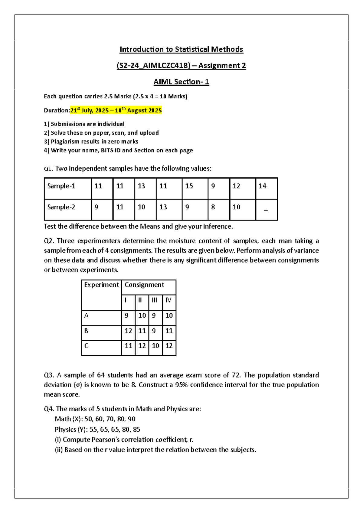 Statistical Methods Assignment 2 (AIML 1) - July 2025 - Studocu