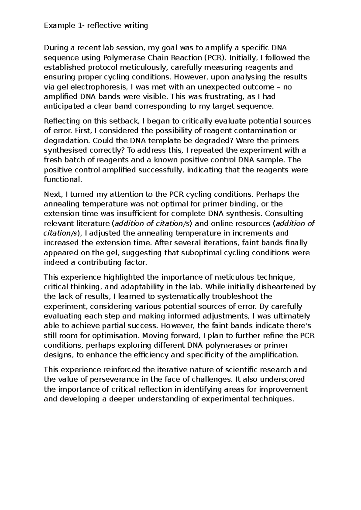 Reflective Writing on PCR Experiment Challenges and Learnings - Studocu