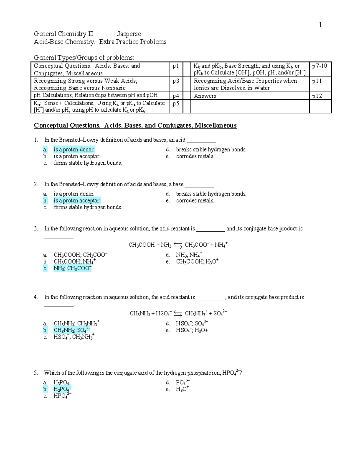 Test 2 CH17A Acid-Base Practice Problems: Extra Practice Questions ...