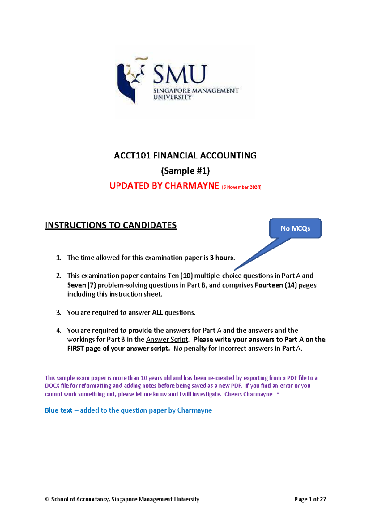 ACCT101 FINANCIAL ACCOUNTING Final Exam Sample (Updated Nov 2024) - Studocu