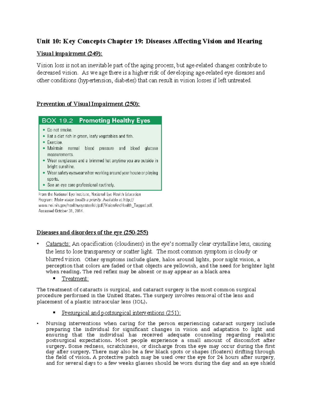 Unit 10: Key Concepts - Vision & Hearing Diseases (Chapter 19) - Studocu