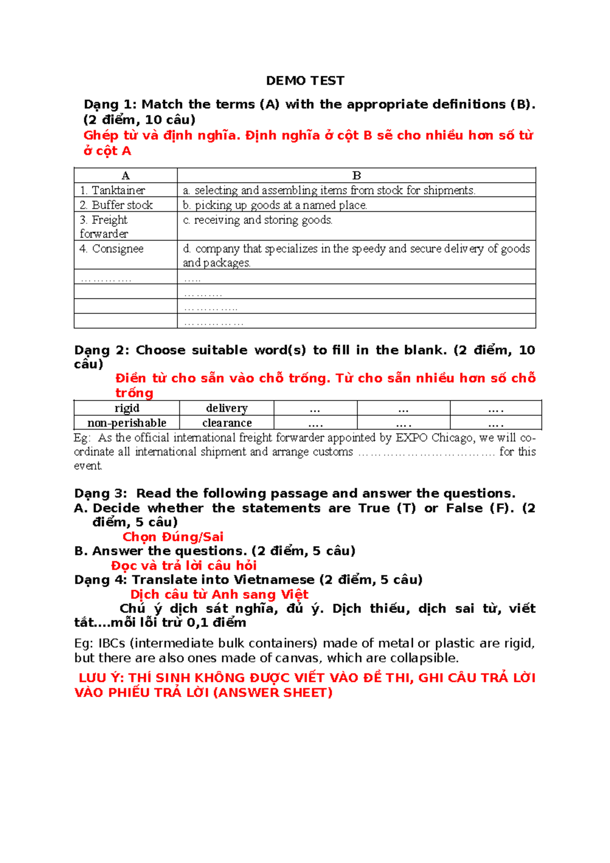 Format Đề Thi Cuối Kỳ - DEMO TEST - Studocu