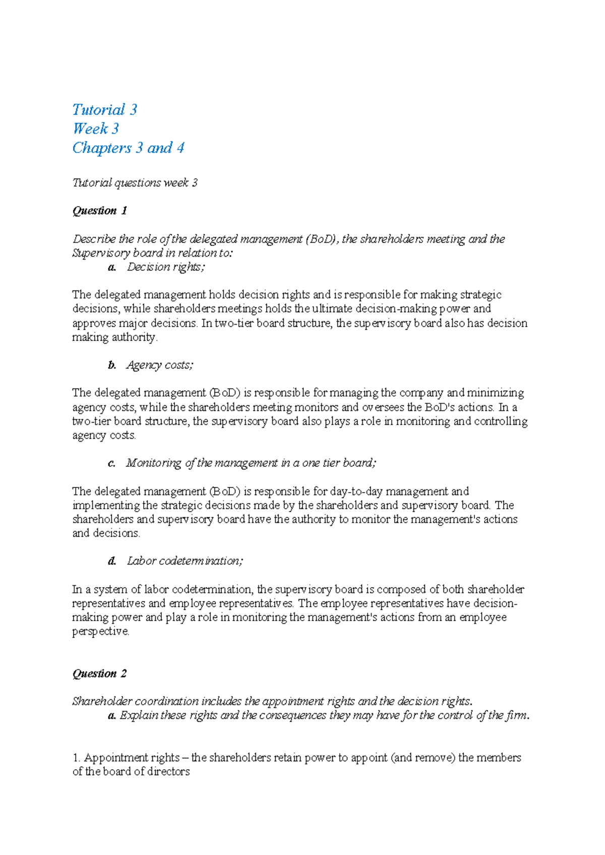 Tutorial Questions for Week 3 - Chapters 3 & 4 Analysis - Studeersnel