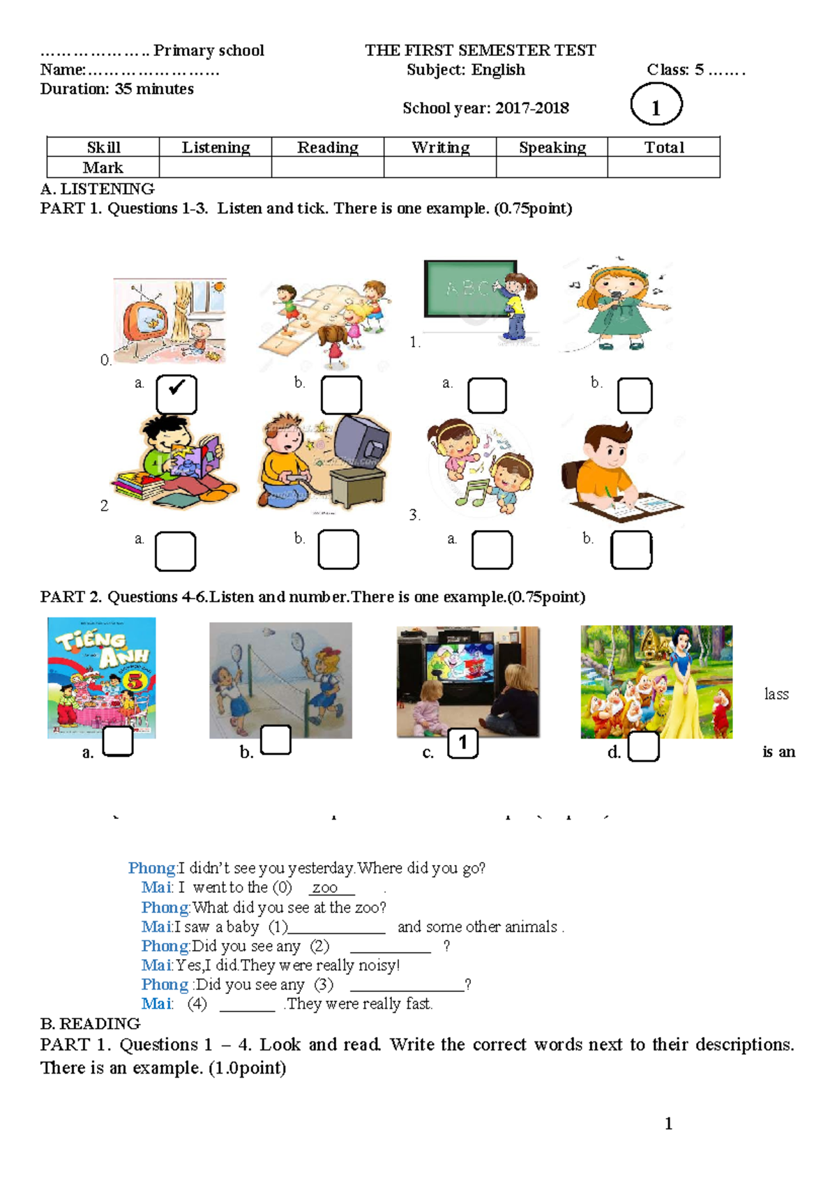 ANH 5 DE 1 - Tiếng Anh: First Semester Test Overview - Studocu